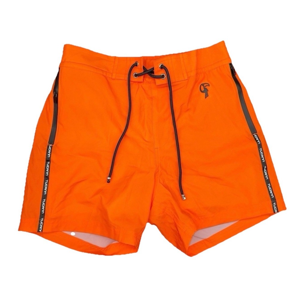 Tucann Neon Orange Swim Trunks Board Shorts Elastic Waist Drawstring Size L Mens
